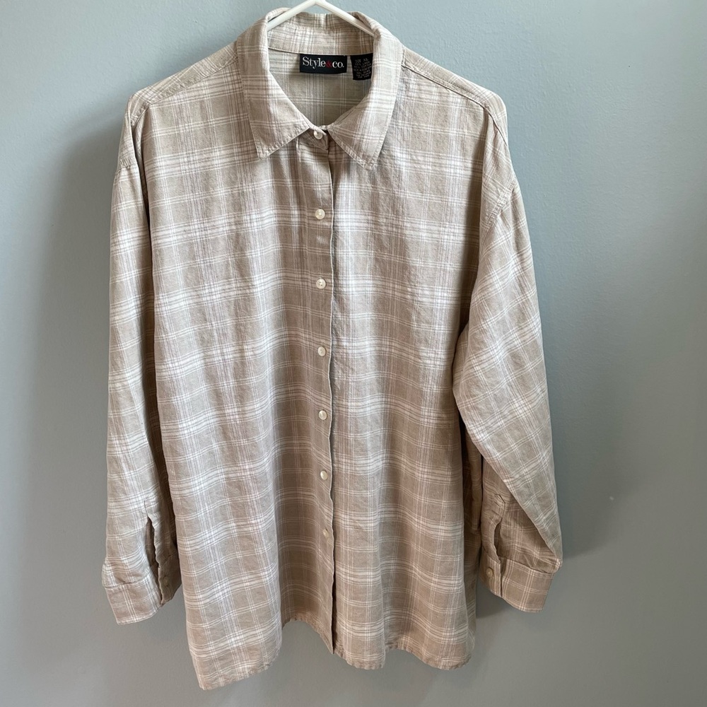 Style & Co Plaid Linen Cotton Blend Button Down Shirt Size XL Tan and White Mens